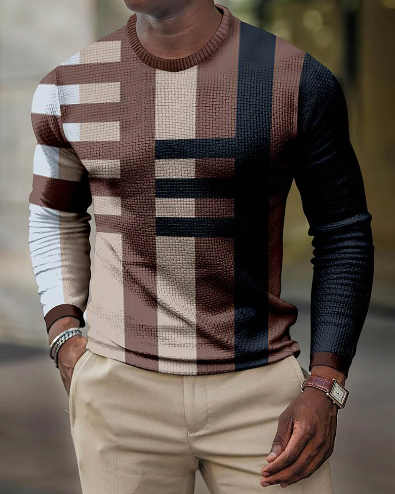 LONG SLEEVE FASHION CONTRAST COLOR ROUND NECK MEN'S TOP - Image 2