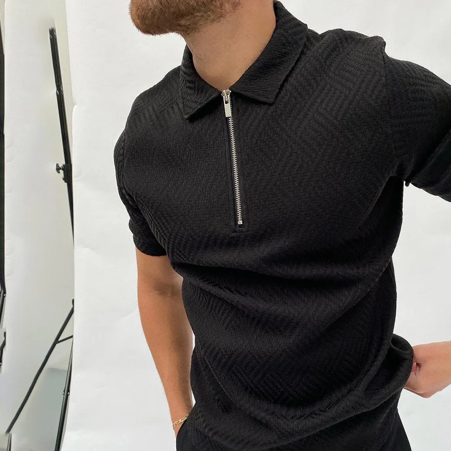 Herringbone Jacquard Zip-up Polo Shirt - Image 6