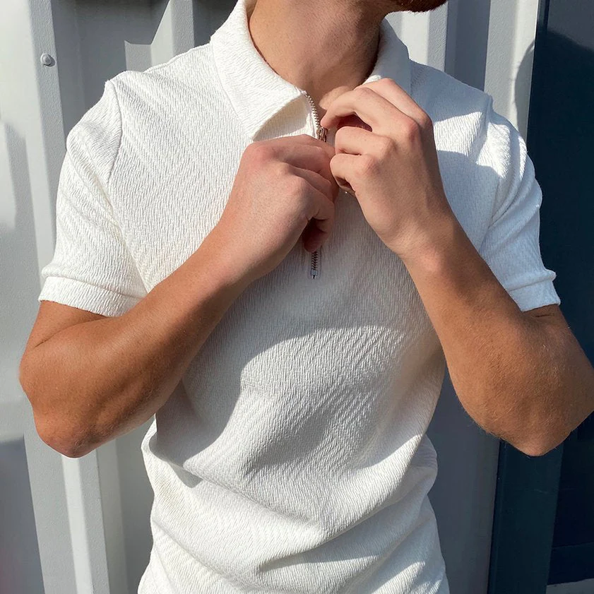 Herringbone Jacquard Zip-up Polo Shirt - Image 8
