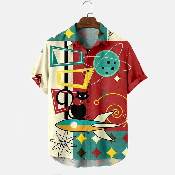 Men's Cosmic Cat Print Casual Shirt - Image 3