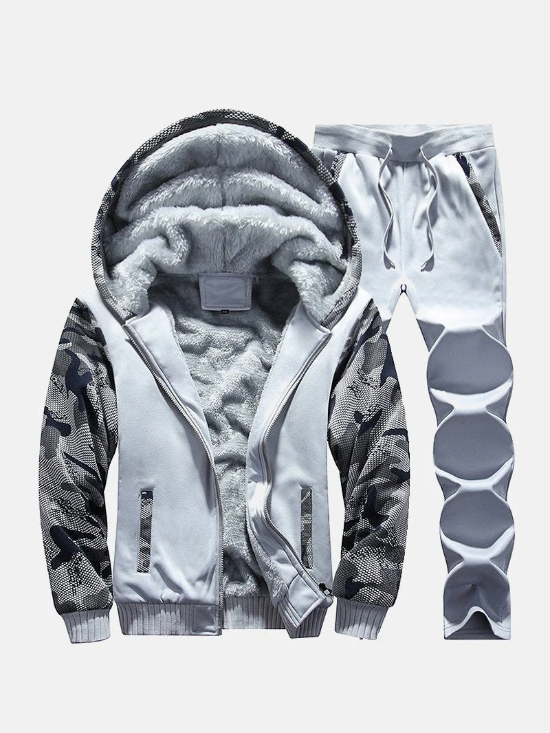 Men Fleeced Color Block Hooded Hoodie Sweatshirt Pants Set - Image 2