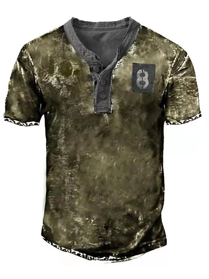 Men's Vintage Casual Henley Collar Short Sleeve T-Shirt - Image 3