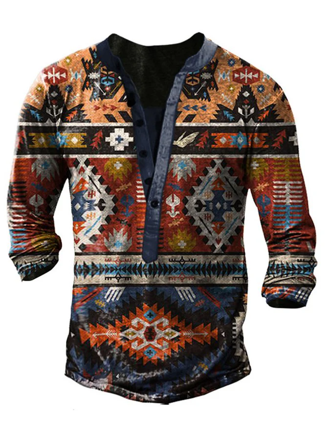 Men's Vintage Casual Henley Collar Long Sleeve T-Shirt - Image 2