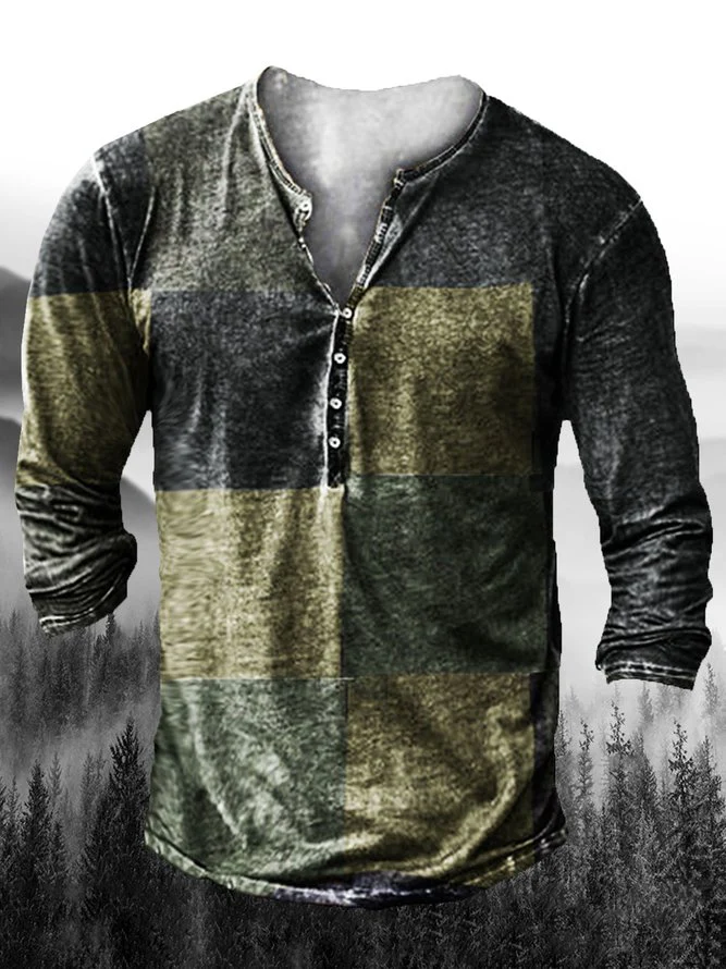 Men's Vintage Casual Henley Collar Long Sleeve T-Shirt
