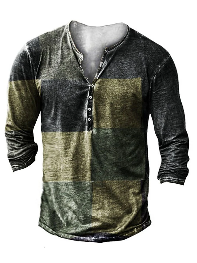 Men's Vintage Casual Henley Collar Long Sleeve T-Shirt - Image 4