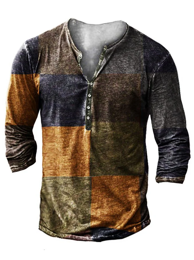 Men's Vintage Casual Henley Collar Long Sleeve T-Shirt - Image 5