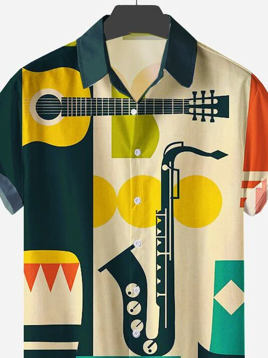 Mens Vintage Guitar and saxophone Print Hawaiian Lapel Shirts - Image 3