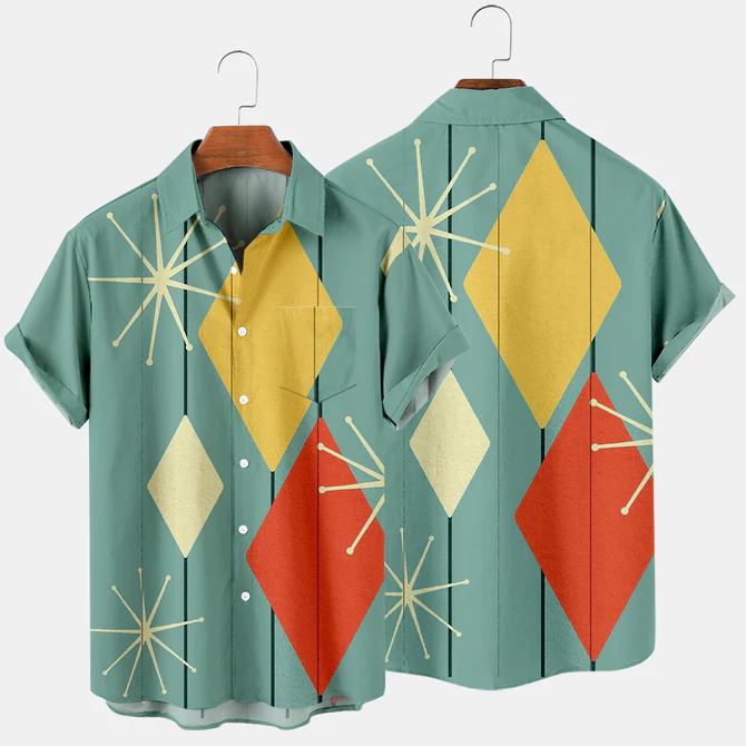 Hawaiian Retro Geometric Abstract Elements Men's Casual Short-sleeved Shirt - Image 3