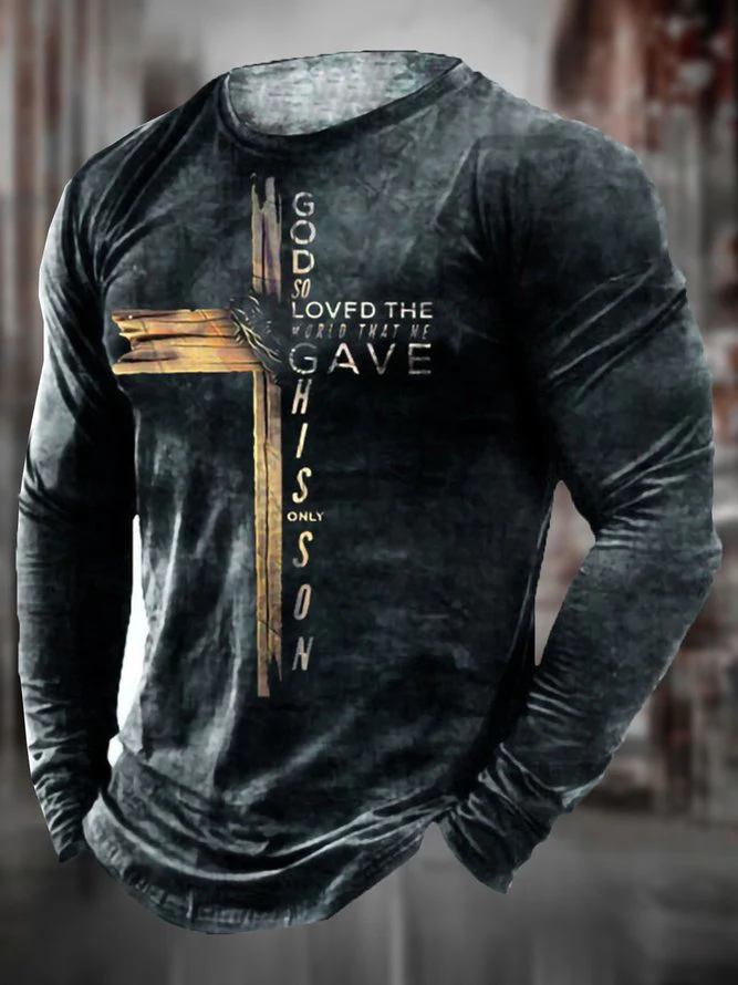 Men's Cross Pattern Casual Round Neck Long Sleeve Tee