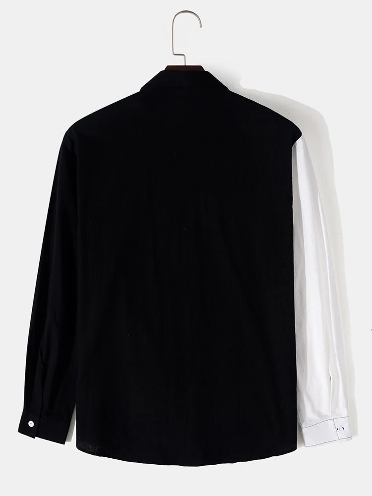 Men Contrast Color Patchwork Lapel 100% Cotton Long Sleeve Shirts - Image 2
