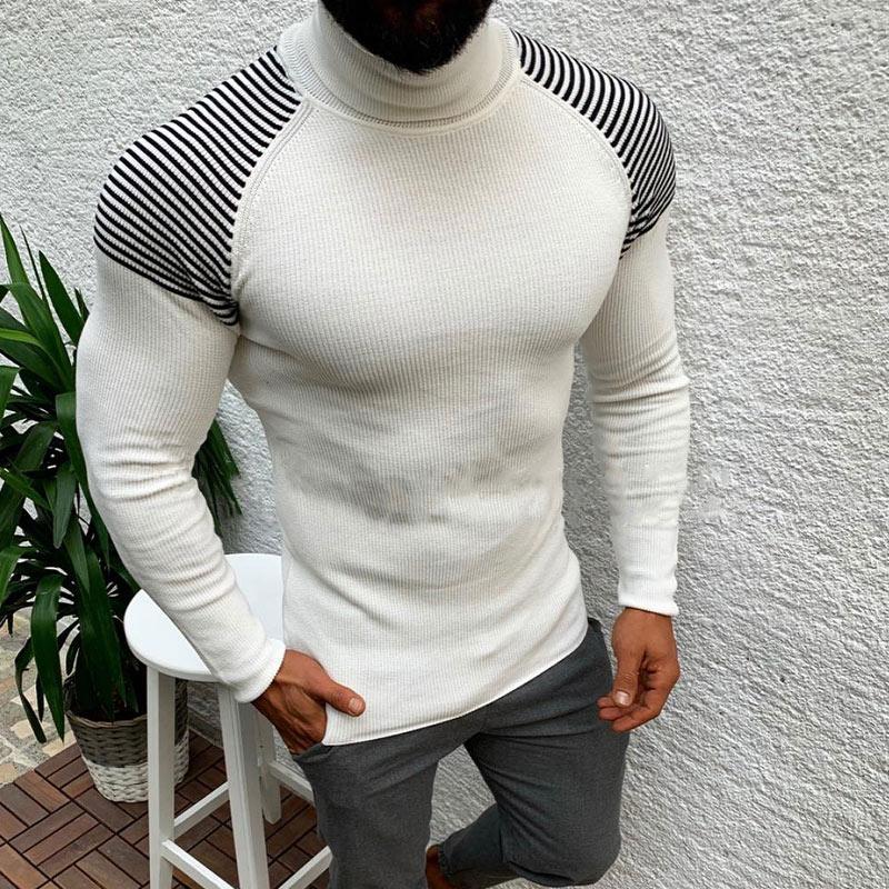 Men Contrast Color Striped Turtleneck Sweater - Image 2