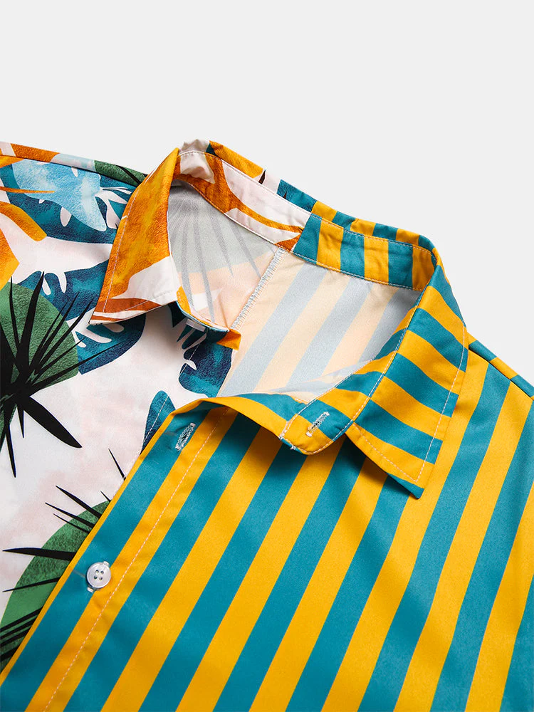 Men Plant & Leaf Striped Patchwork Casual Holiday Curved Hem Shirt - Image 5