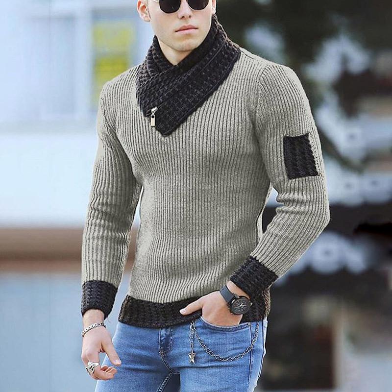 Men Two-tone Patch Collar Scarf Sweater - Image 3