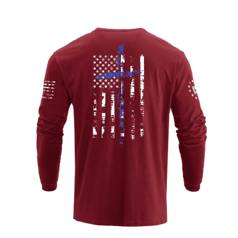 Men's 100% Cotton American Flag Cross Overlay Long Sleeve T-Shirt - Image 17
