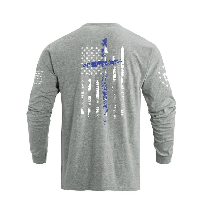 Men's 100% Cotton American Flag Cross Overlay Long Sleeve T-Shirt - Image 19