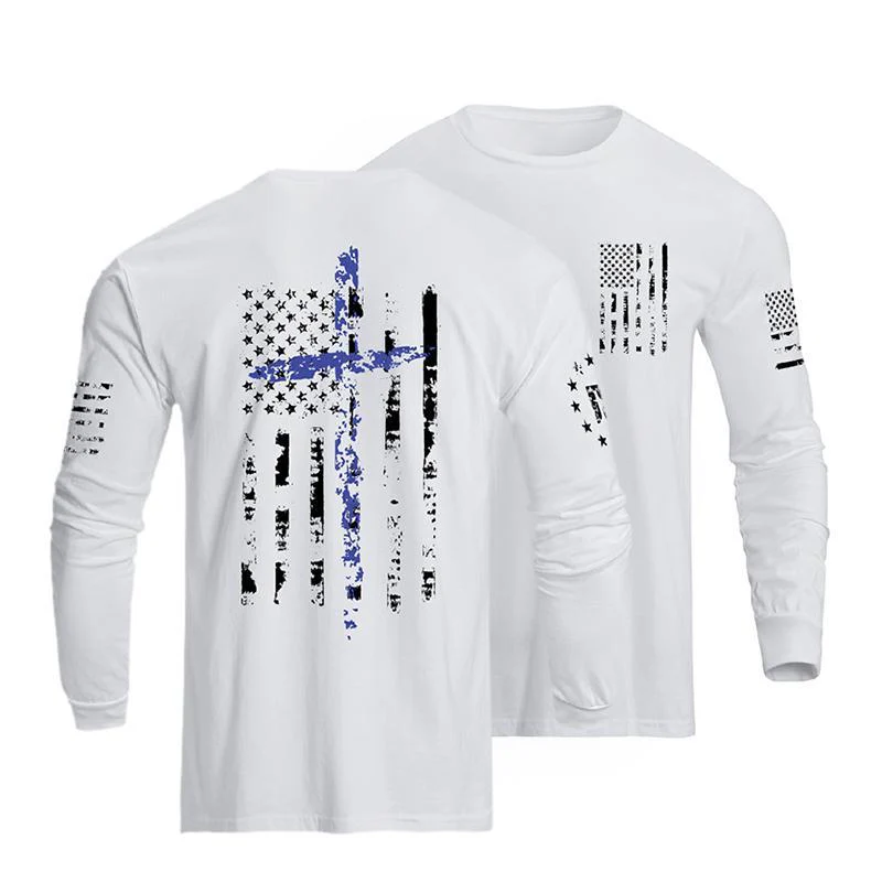 Men's 100% Cotton American Flag Cross Overlay Long Sleeve T-Shirt - Image 7