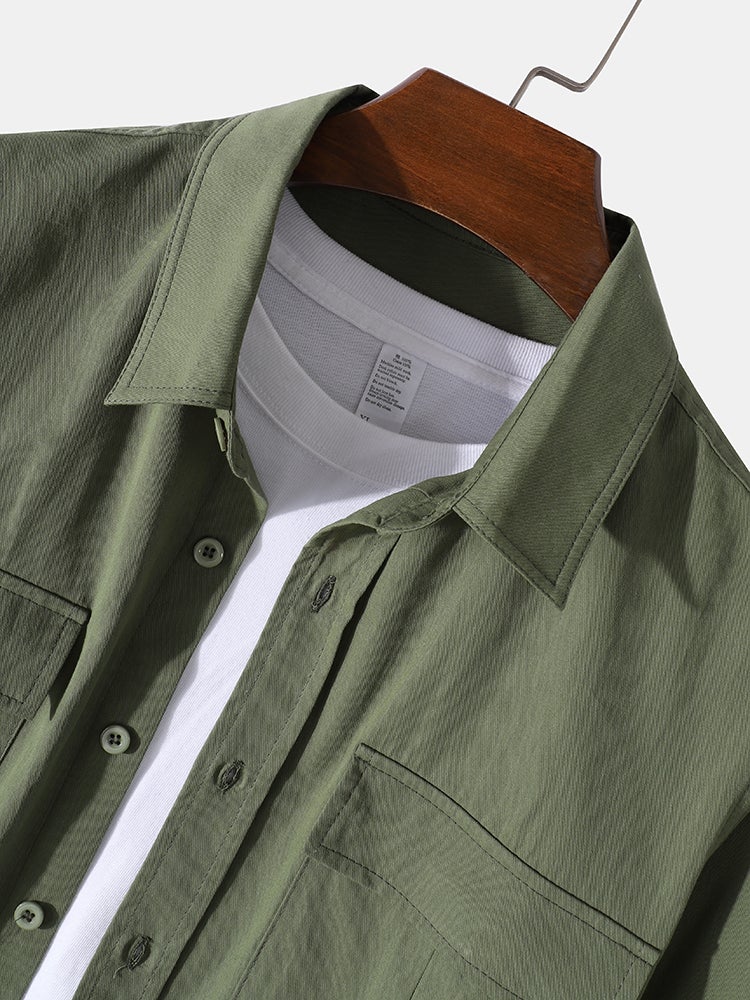 Mens 100% Cotton Double Flap Pocket Solid Casual Long Sleeve Shirts - Image 3