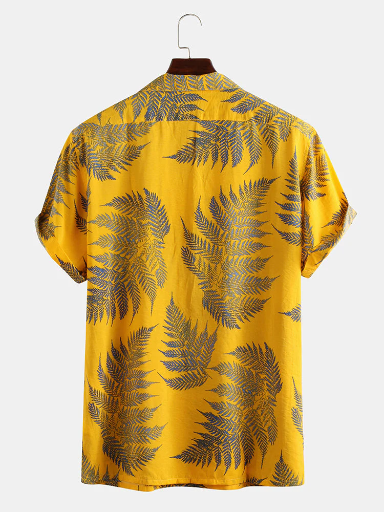 Mens 100% Cotton Leaf Printed Chest Pocket Turn Down Collar Short Sleeve  Shirts - Image 2