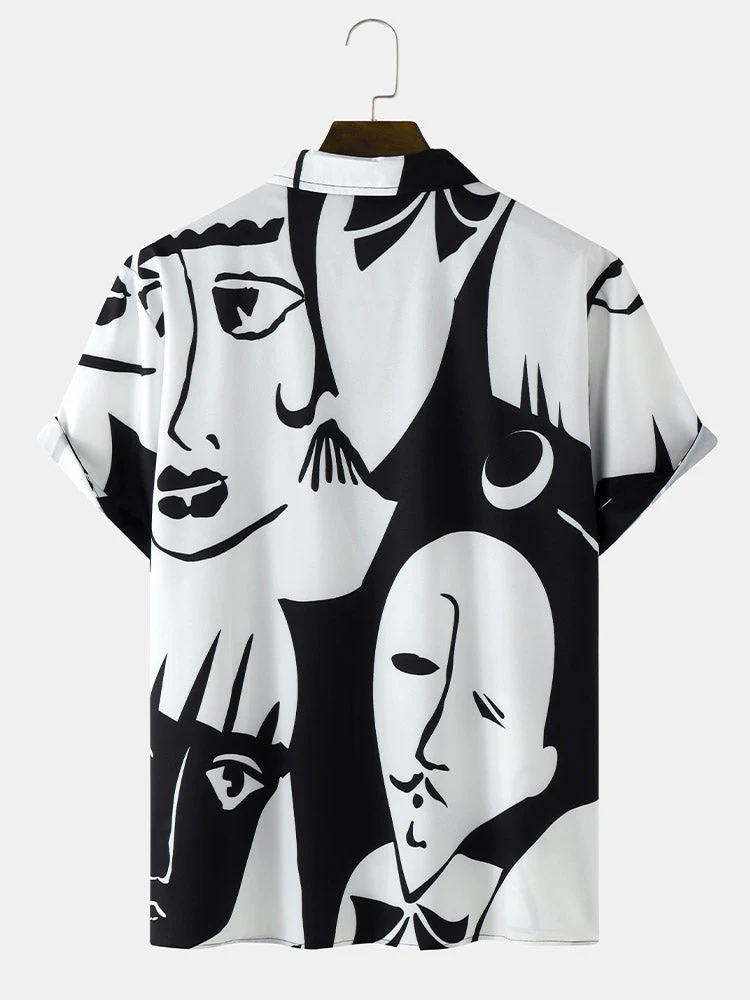 Mens Abstract Face All Over Print Street Short Sleeve Shirts - Image 2