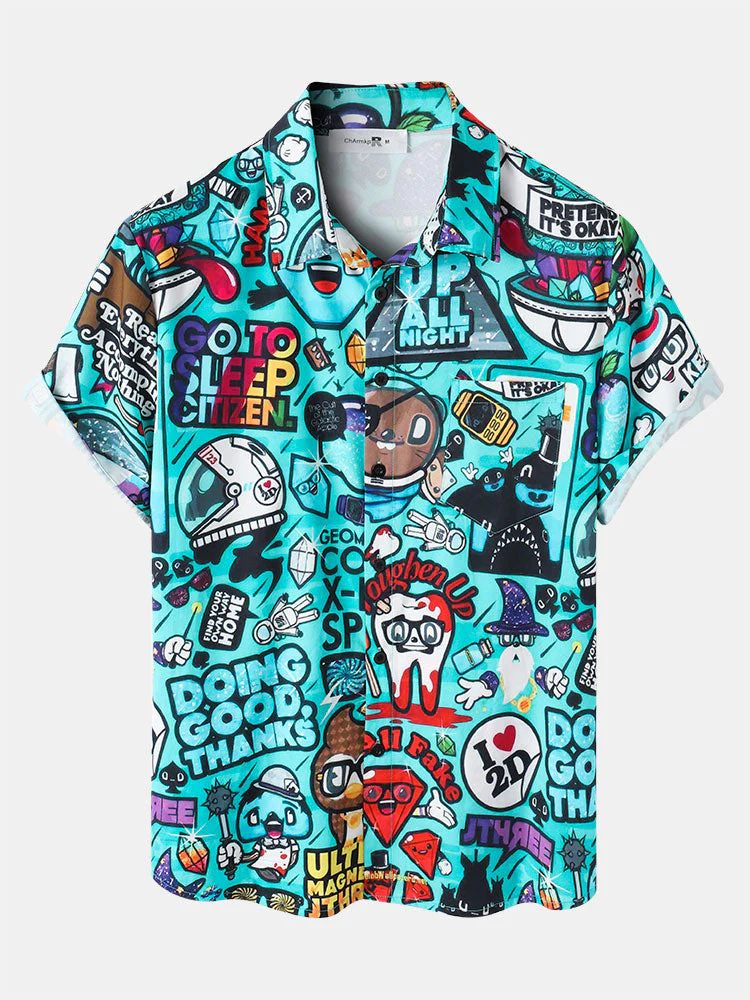 Mens Allover Funny Cartoon Print Loose Casual Two Pieces Outfits - Image 3