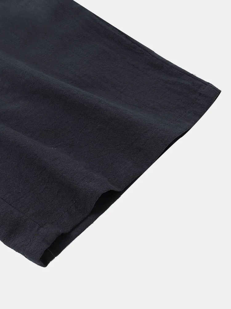 Mens Basic Cotton Linen Grandad Collar Solid Color Loungewear Set - Image 10
