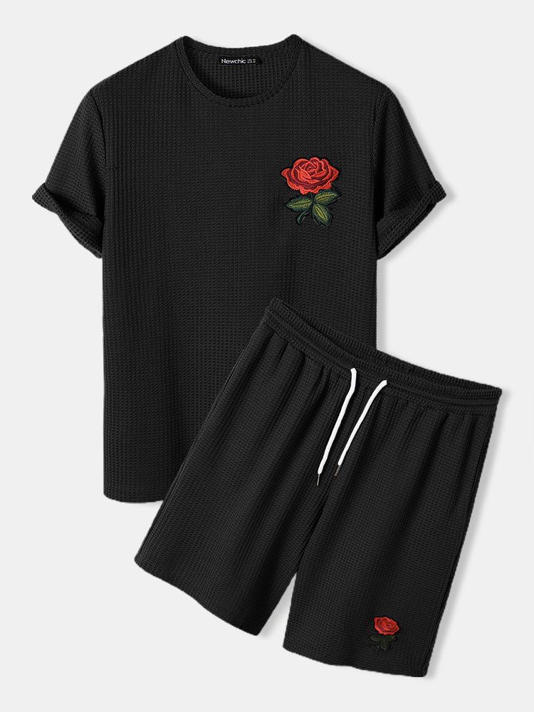 Mens Basic Knitted Rose Embroidery Patch Short Sleeve Casual Two Piece Outfits Cozy Loungewear - Image 2