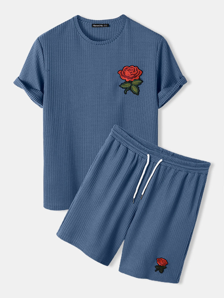 Mens Basic Knitted Rose Embroidery Patch Short Sleeve Casual Two Piece Outfits Cozy Loungewear - Image 4