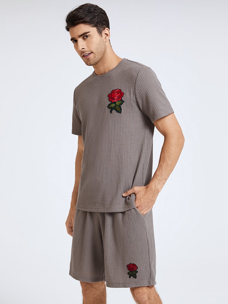 Mens Basic Knitted Rose Embroidery Patch Short Sleeve Casual Two Piece Outfits Cozy Loungewear - Image 7