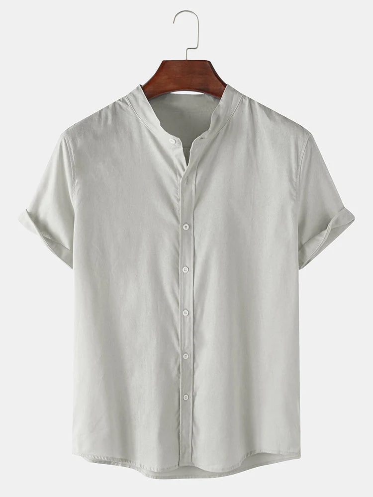 Mens Breathable Flax Stand Collar Solid Color Short Sleeve Shirt SKUF04403 - Image 3