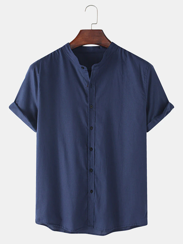 Mens Breathable Flax Stand Collar Solid Color Short Sleeve Shirt SKUF04403 - Image 4