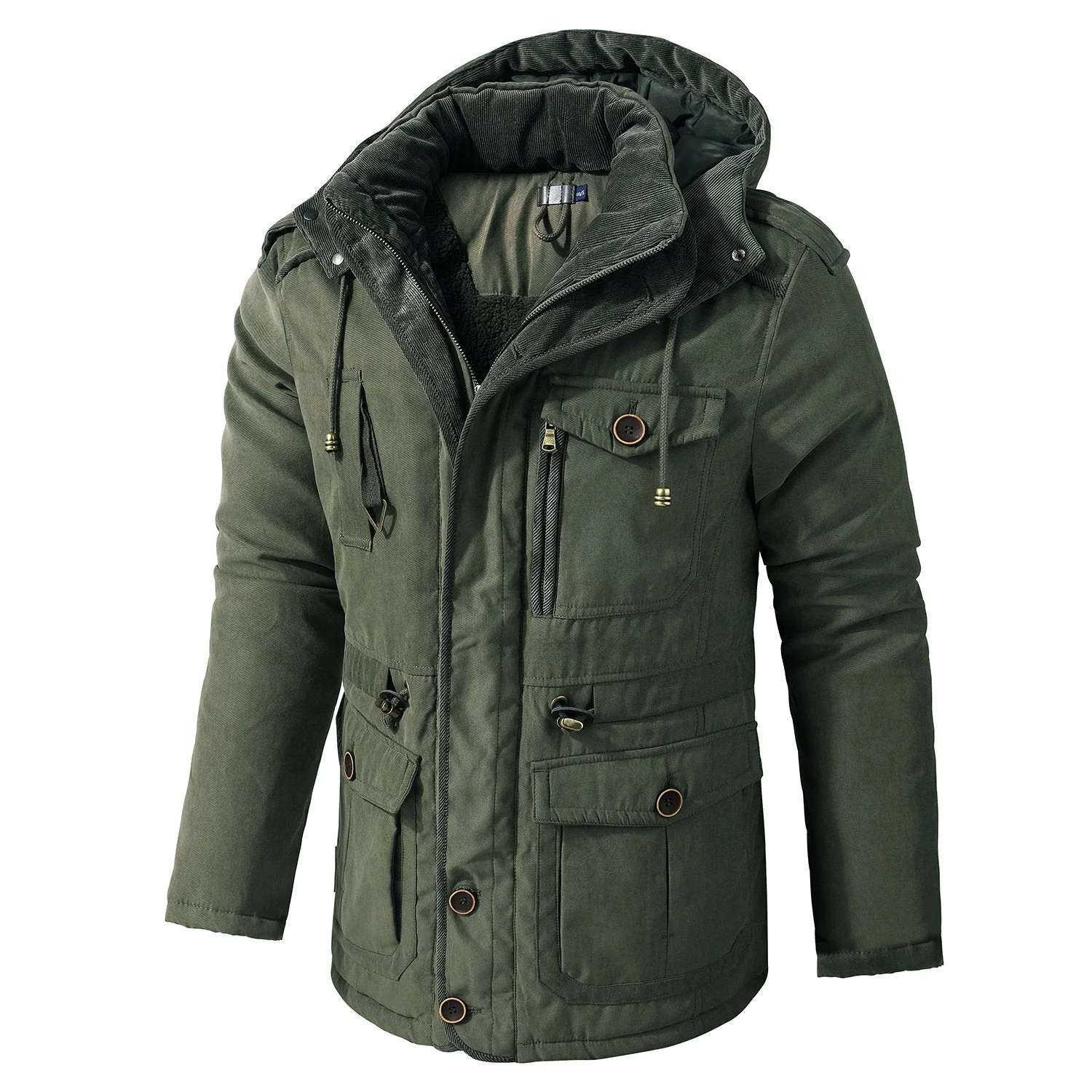 Mens Cashmere Hooded Thickened Multi Pocket Coat Padded Jacket - Image 5