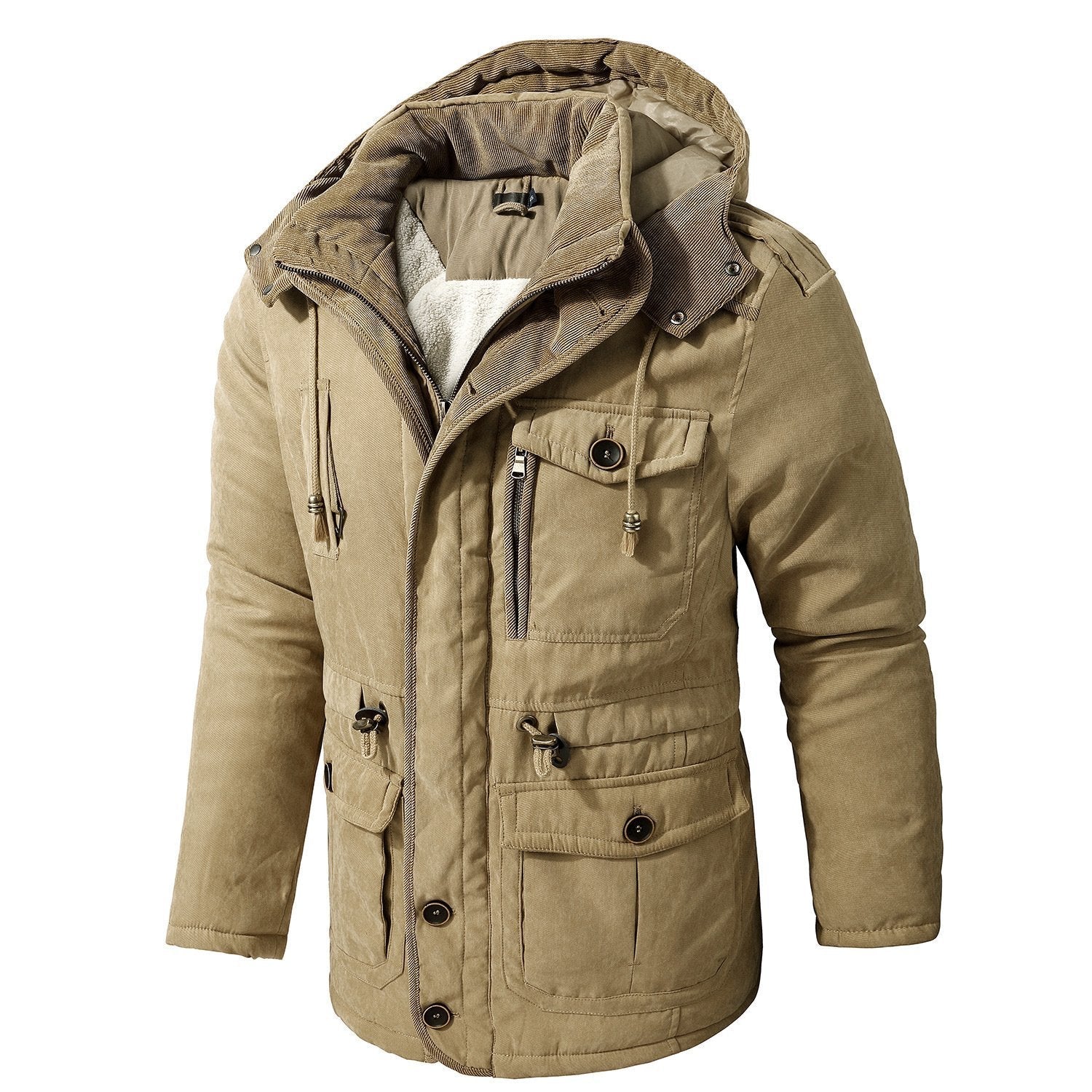Mens Cashmere Hooded Thickened Multi Pocket Coat Padded Jacket - Image 8