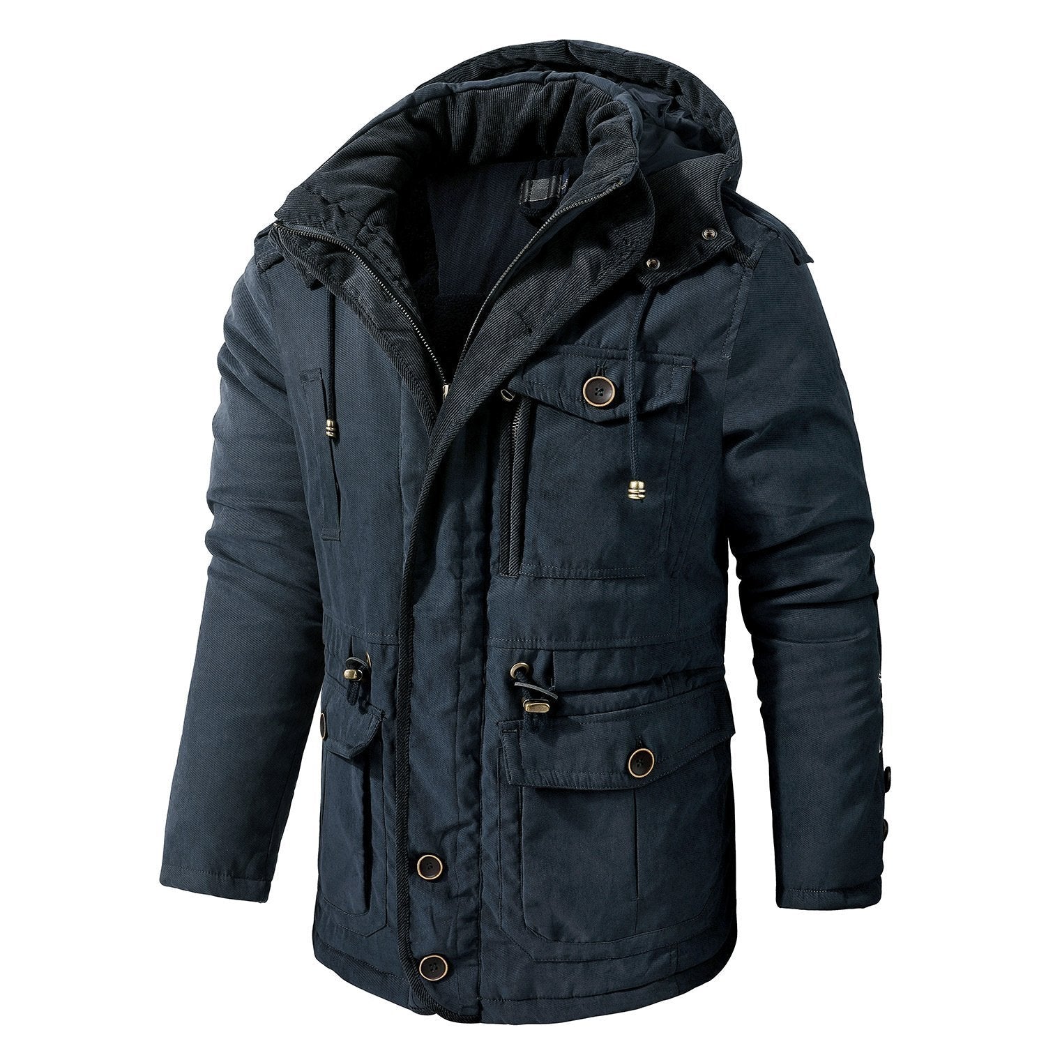 Mens Cashmere Hooded Thickened Multi Pocket Coat Padded Jacket - Image 9