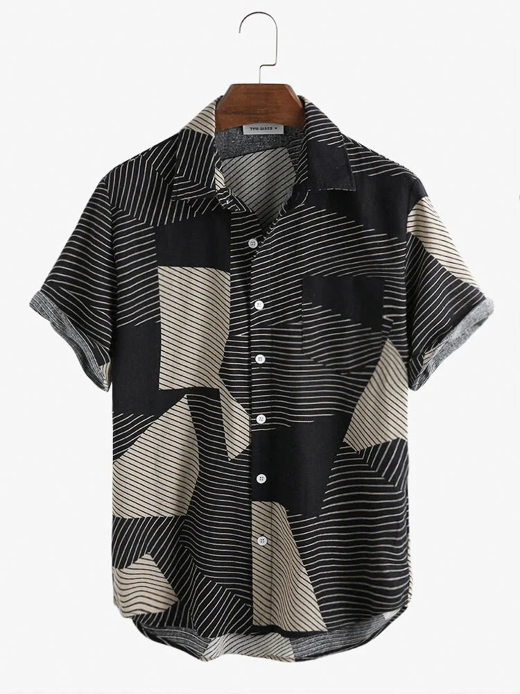 Mens Casual Breathable Striped Color Block Short Sleeve Shirts - Image 2