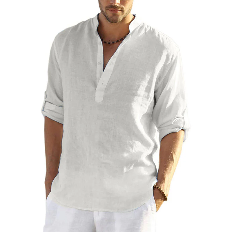 Men's casual cotton and linen solid long-sleeved shirt - Image 2