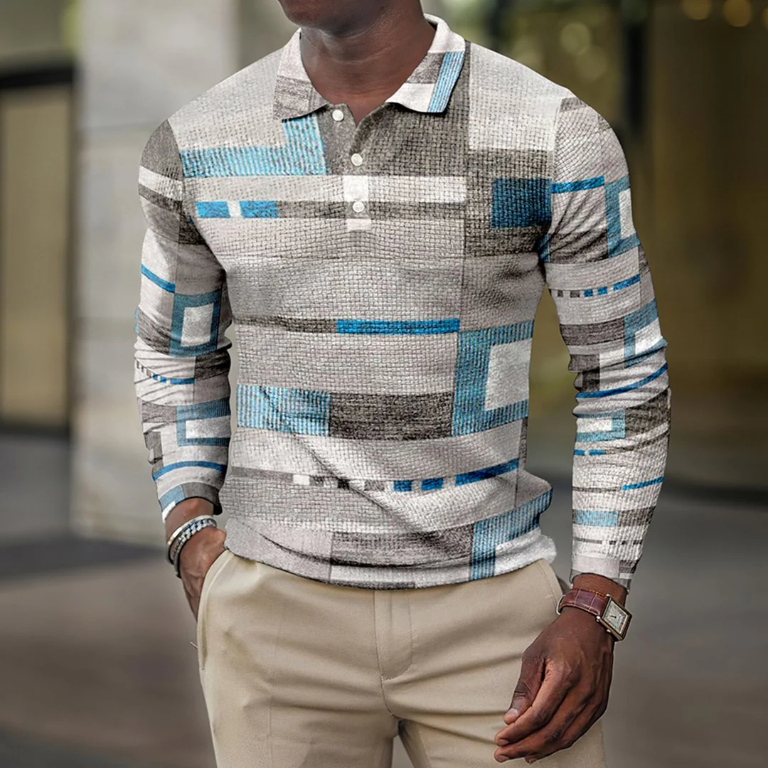 Men's casual geometric plaid polo shirt - Image 2