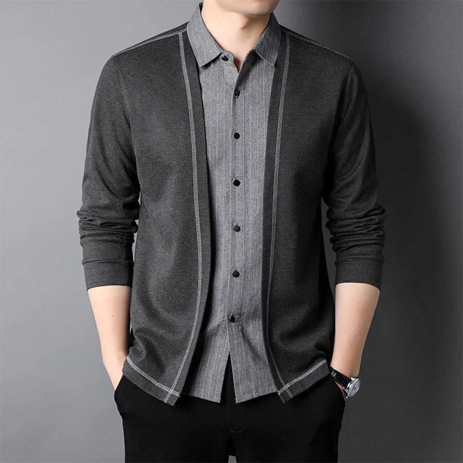 Men's Casual Knitted =Cardigan Fake Two-Piece Top - Image 2