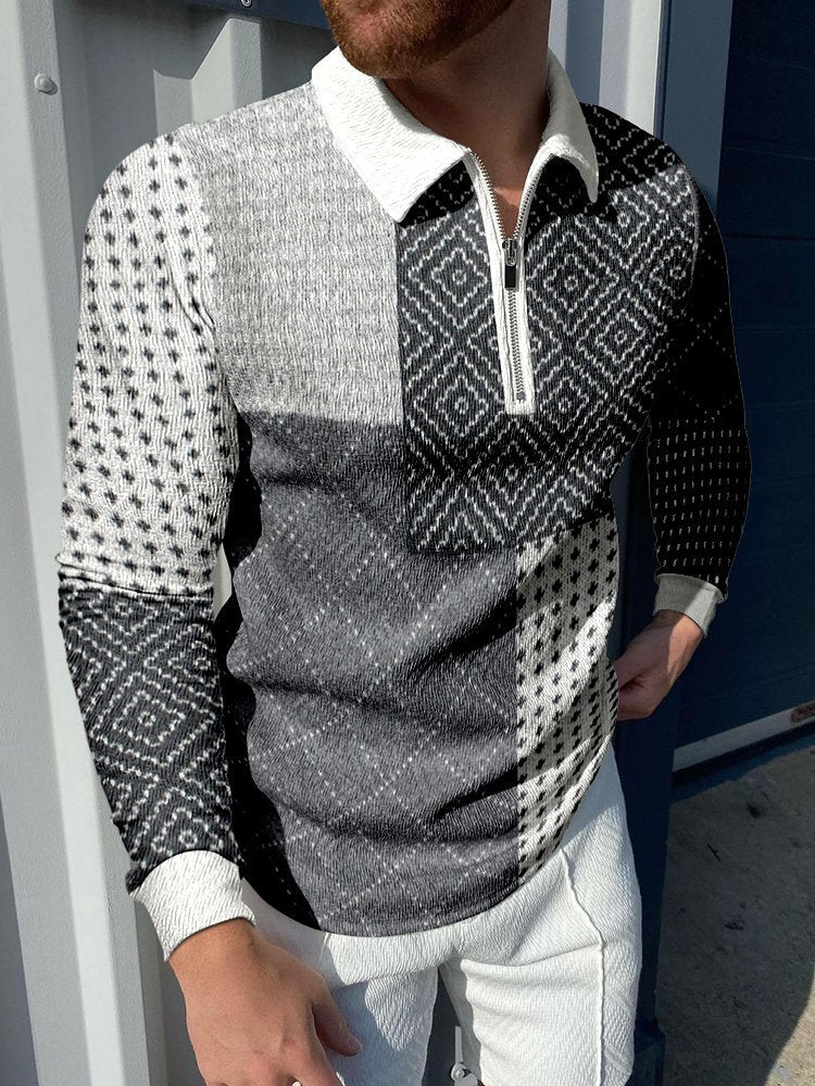 Men's casual retro geometric long-sleeved polo shirt - Image 2