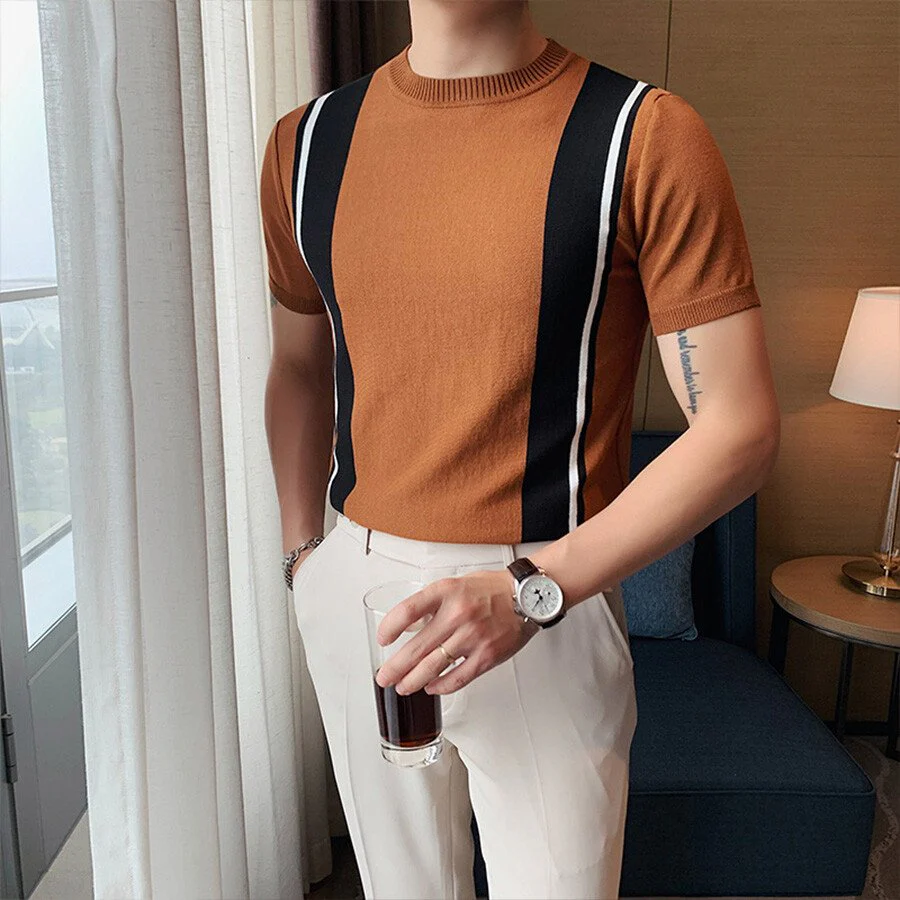 Men's Casual Striped Colorblock Short Sleeve Knit T-Shirt - Image 5