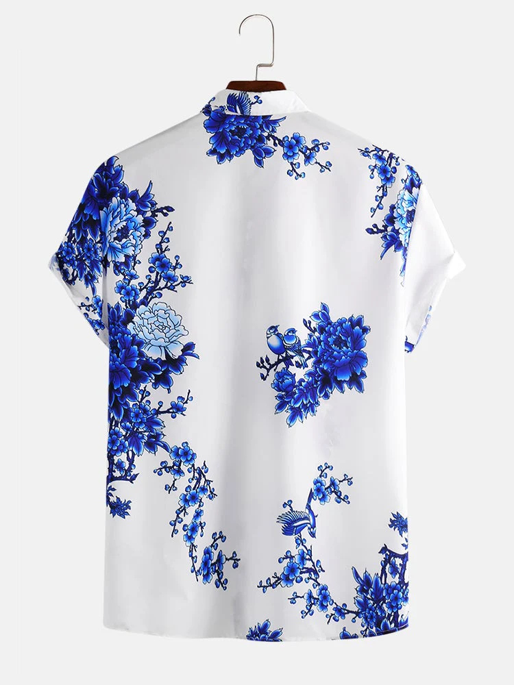 Mens Chinese Style Porcelain Floral Printed Short Sleeve Turn Down Collar Casual Shirt - Image 2