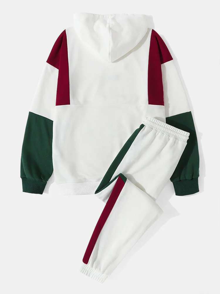 Mens Color Block Patchwork Tokyo Print Hoodie Street Two Pieces Outfits - Image 2