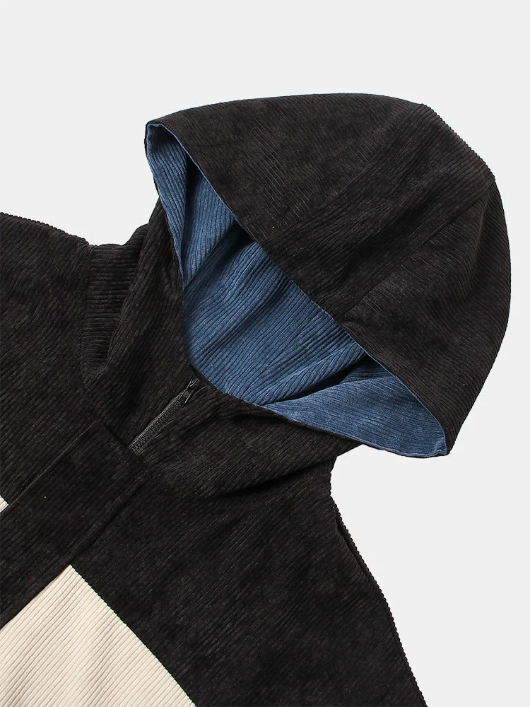 Mens Colorblock Corduroy Drawstring Hem Daily Pullover Hoodie - Image 3