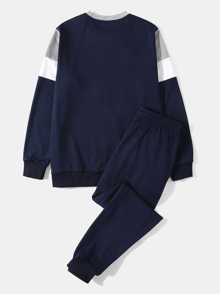 Mens Colorblock Panel Stitching Letter Embroidery Sweatshirt Preppy Two Pieces Outfits - Image 2
