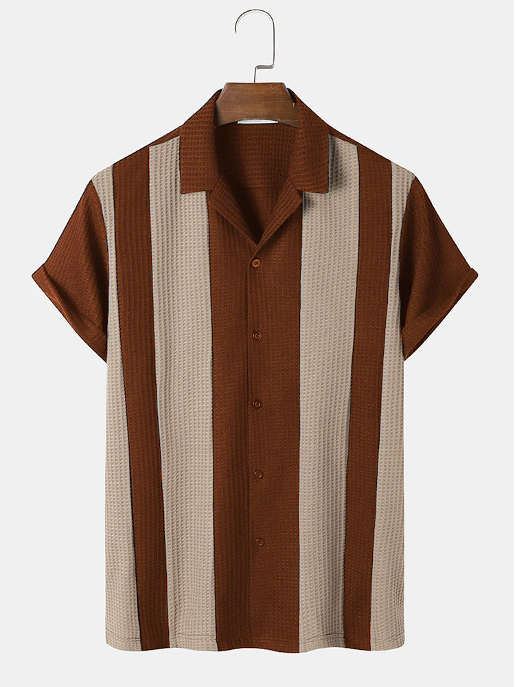 Mens Colorblock Stitching Knitted Revere Collar Short Sleeve Shirt - Image 2