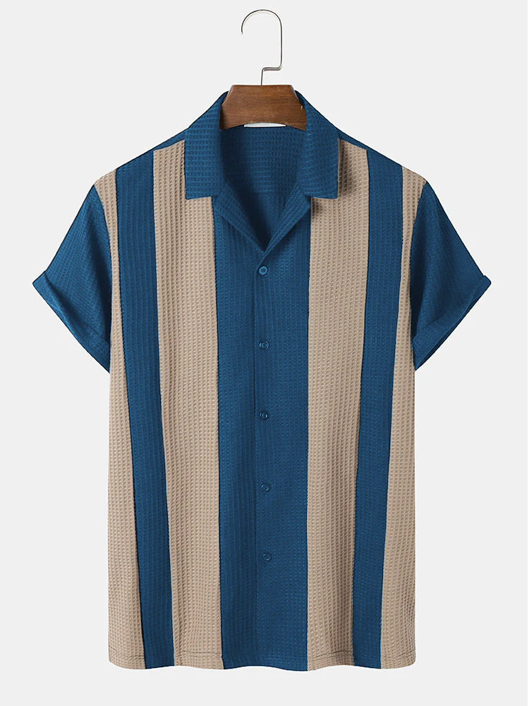 Mens Colorblock Stitching Knitted Revere Collar Short Sleeve Shirt - Image 3