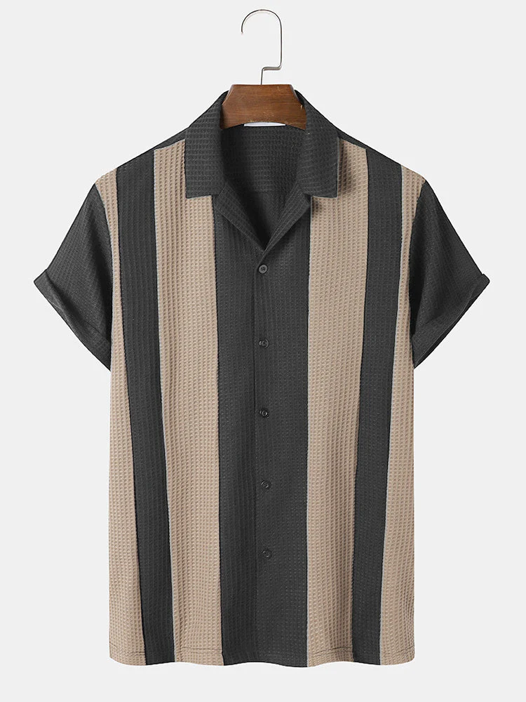 Mens Colorblock Stitching Knitted Revere Collar Short Sleeve Shirt - Image 4