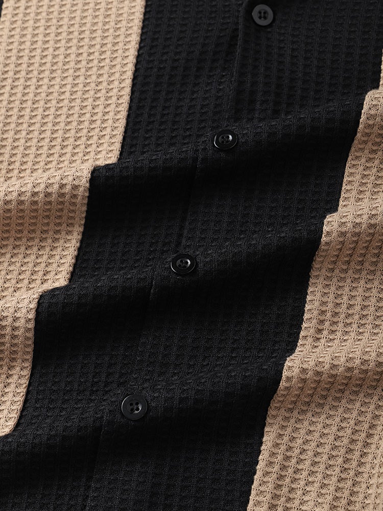 Mens Colorblock Stitching Knitted Revere Collar Short Sleeve Shirt - Image 7