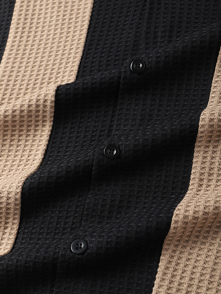 Mens Colorblock Stitching Knitted Revere Collar Short Sleeve Shirt - Image 9