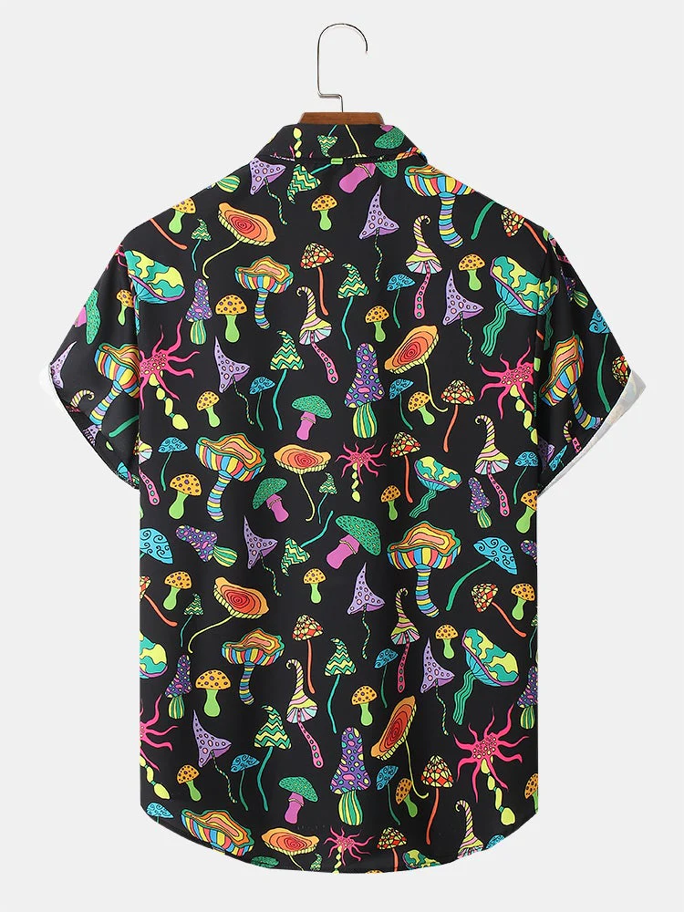 Mens Colorful Mushroom Print Button Up Street Short Sleeve Shirts - Image 2