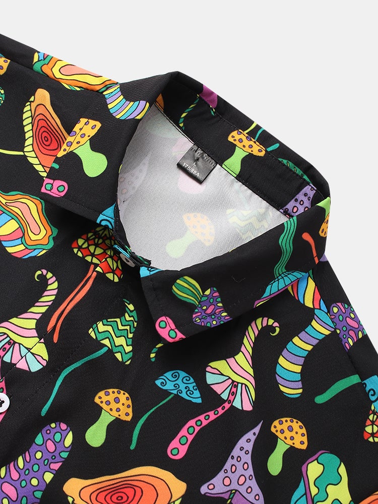 Mens Colorful Mushroom Print Button Up Street Short Sleeve Shirts - Image 3